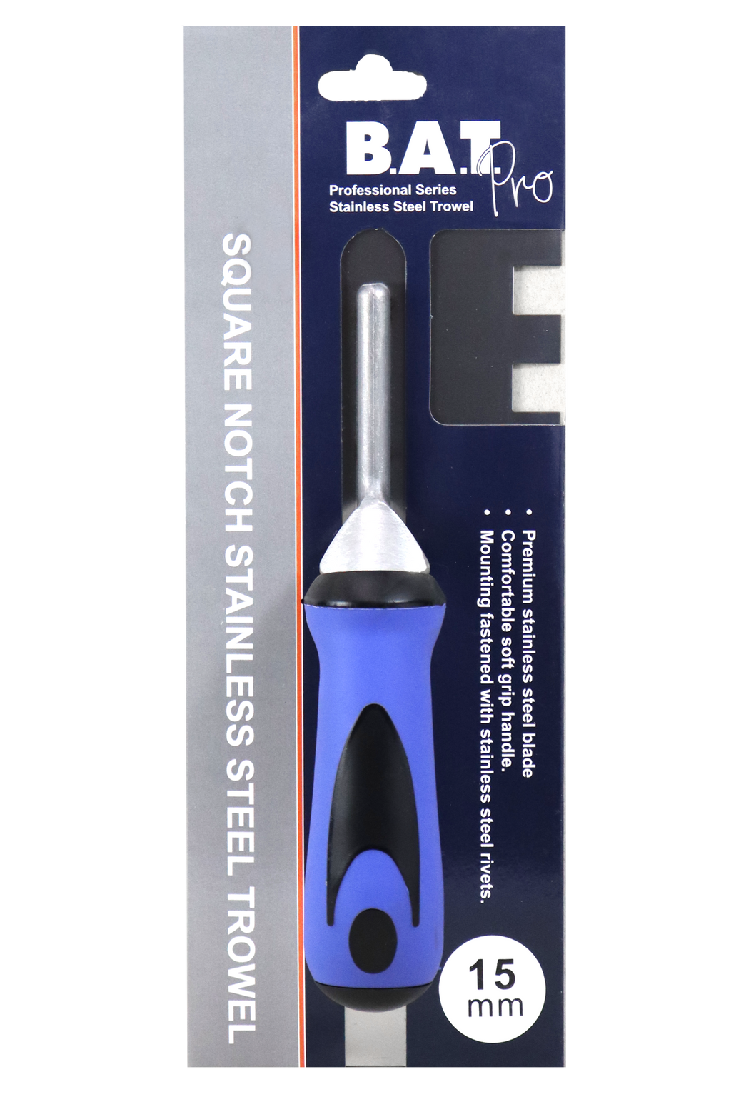BAT Bright Steel Square Notch Trowel - Soft Grip
