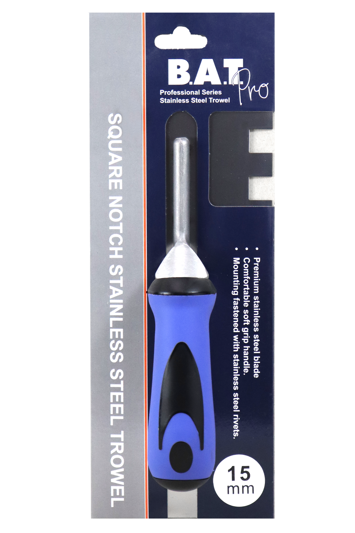 BAT Bright Steel Square Notch Trowel - Soft Grip