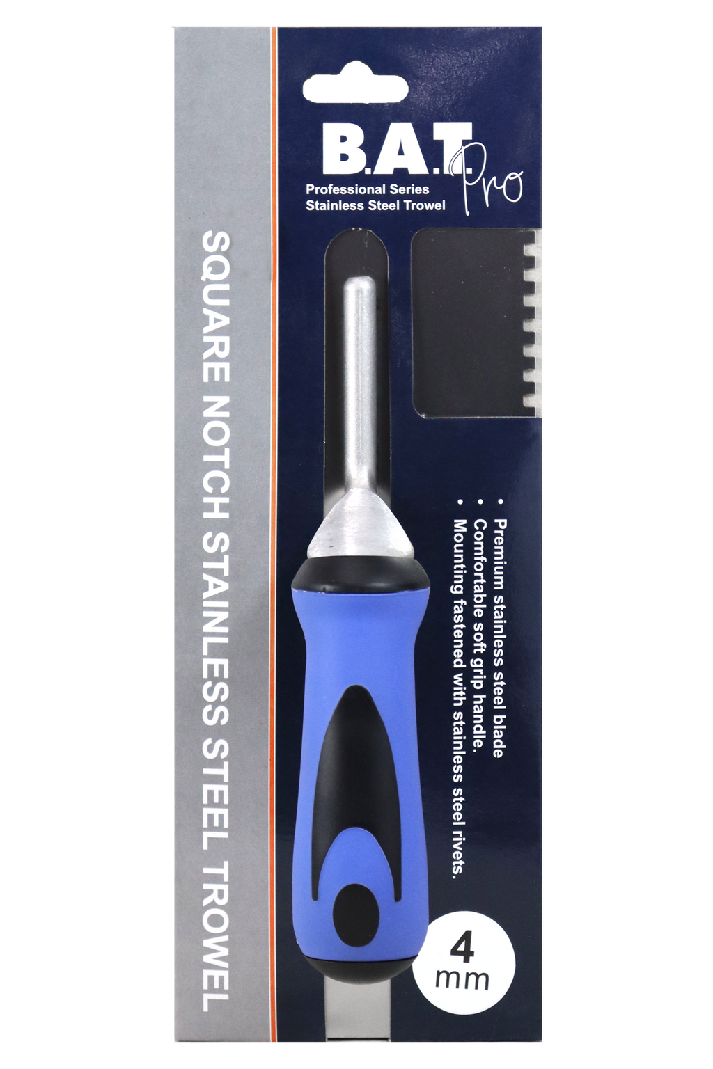BAT Bright Steel Square Notch Trowel - Soft Grip