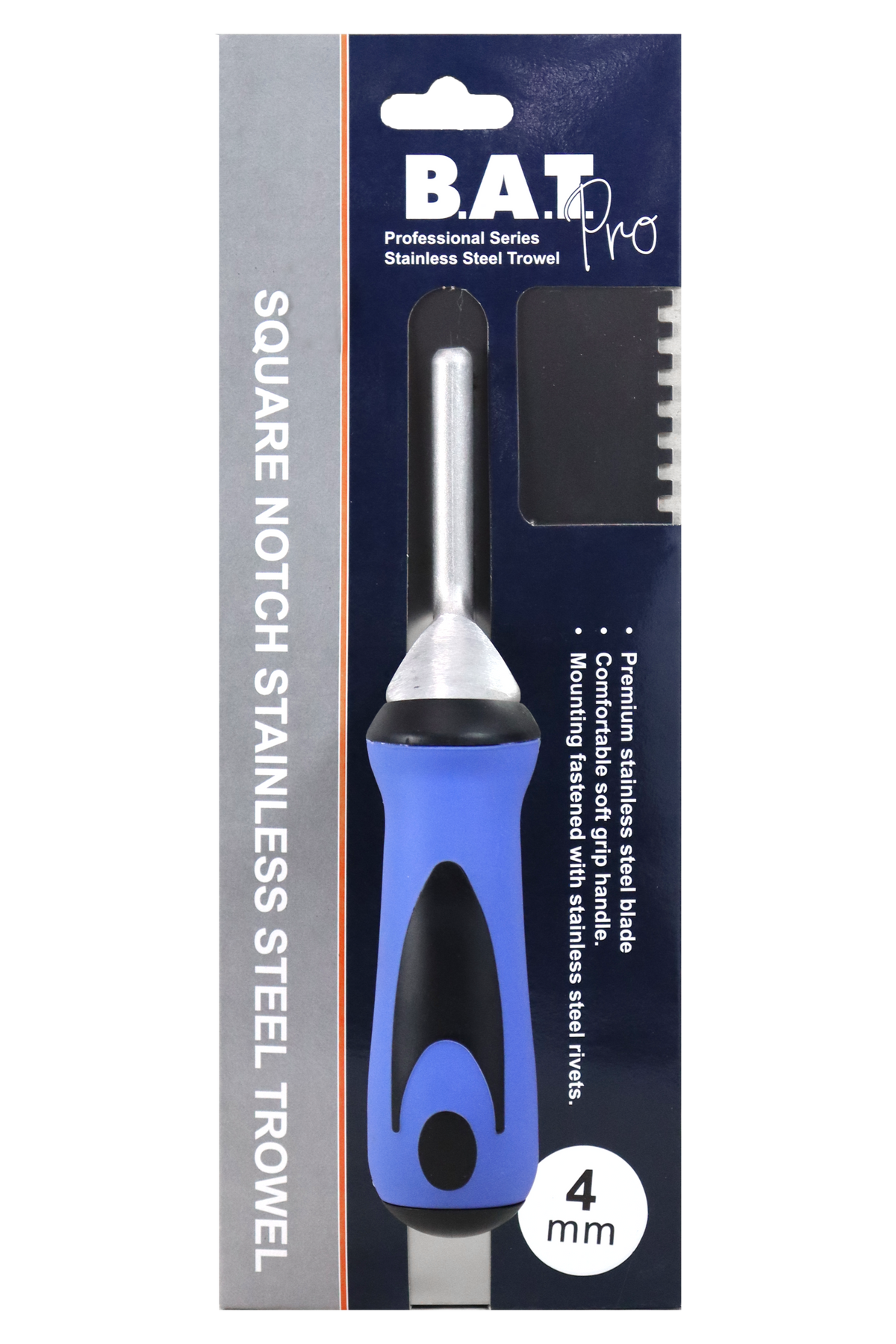 BAT Bright Steel Square Notch Trowel - Soft Grip