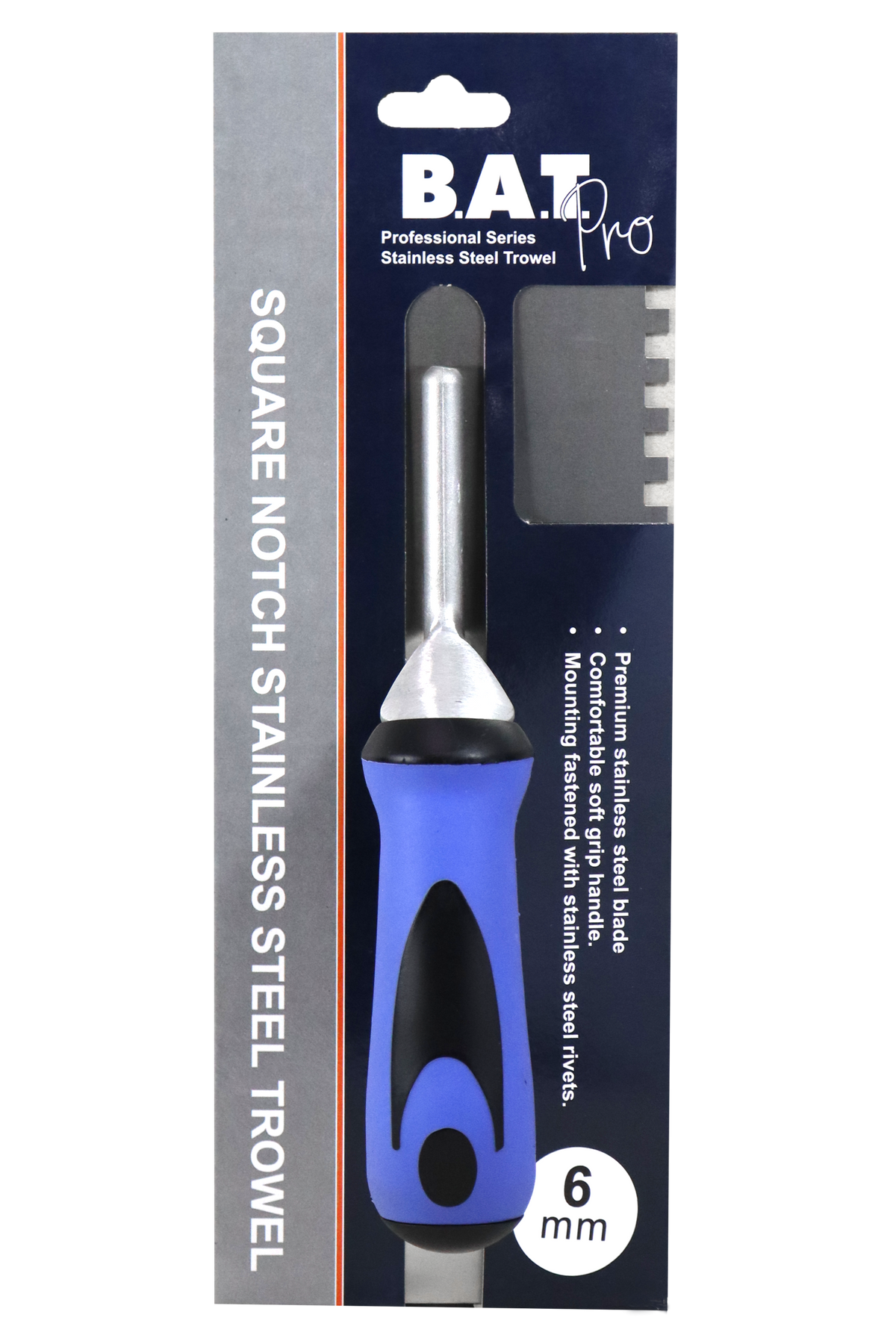 BAT Bright Steel Square Notch Trowel - Soft Grip