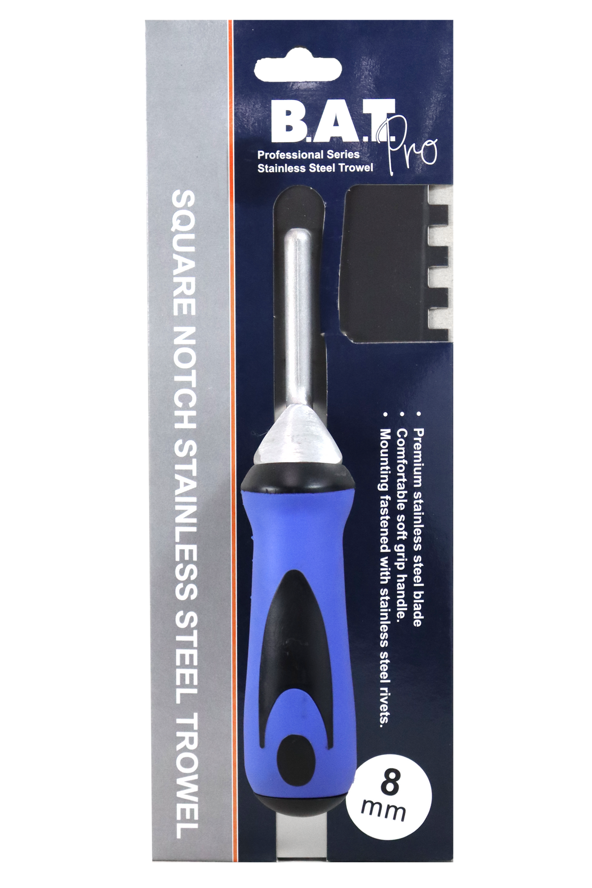 BAT Bright Steel Square Notch Trowel - Soft Grip