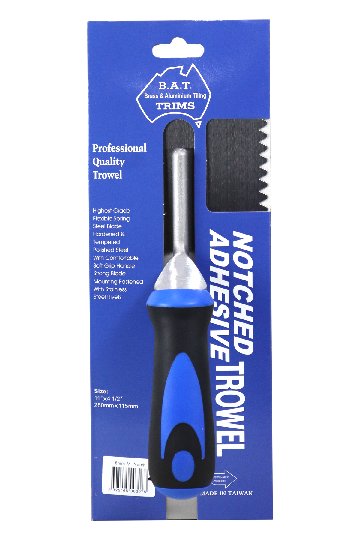BAT Bright Steel V Notch Trowel - Soft Grip