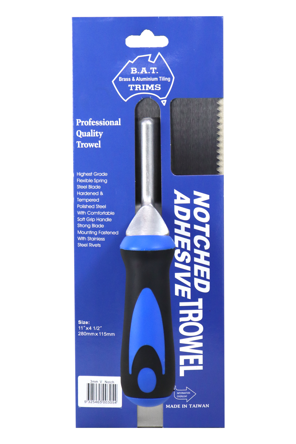 BAT Bright Steel V Notch Trowel - Soft Grip