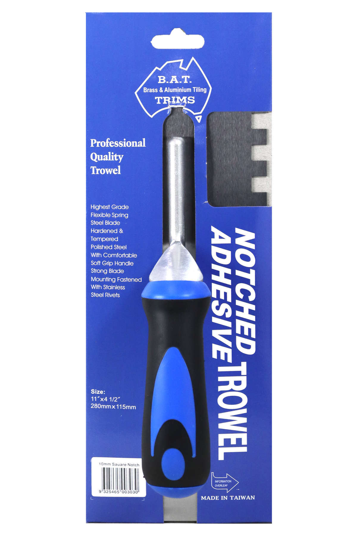 BAT Professional Stainless Steel Square Notch Trowel - Soft Grip