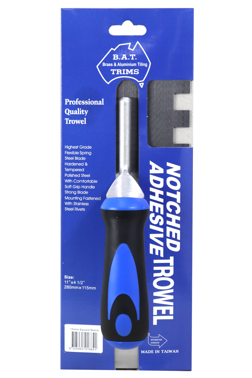 BAT Professional Stainless Steel Square Notch Trowel - Soft Grip