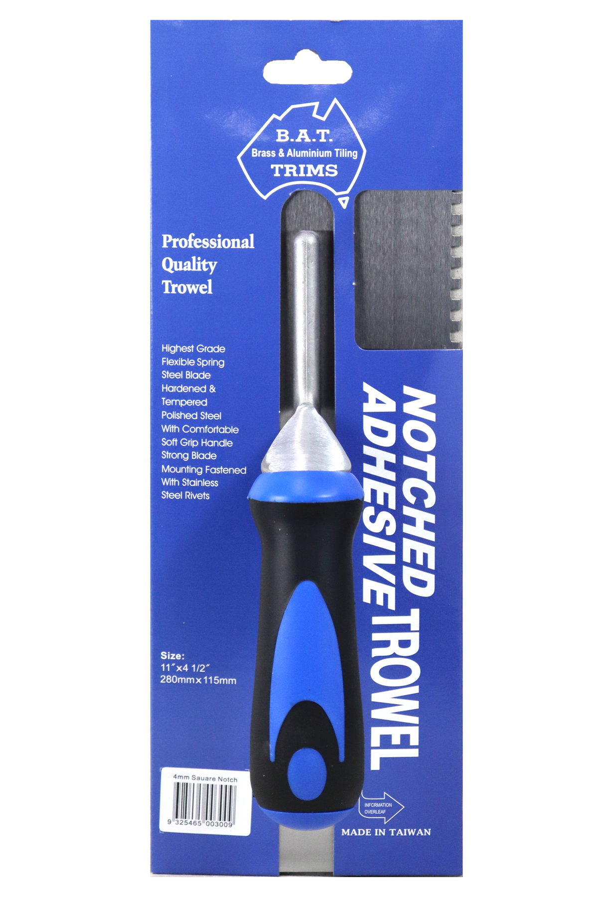 BAT Professional Stainless Steel Square Notch Trowel - Soft Grip