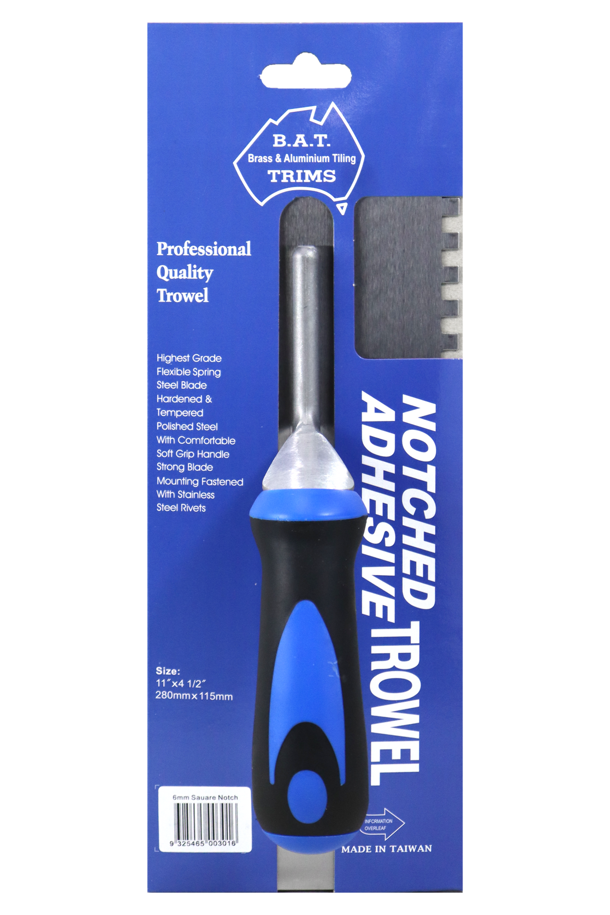 BAT Professional Stainless Steel Square Notch Trowel - Soft Grip