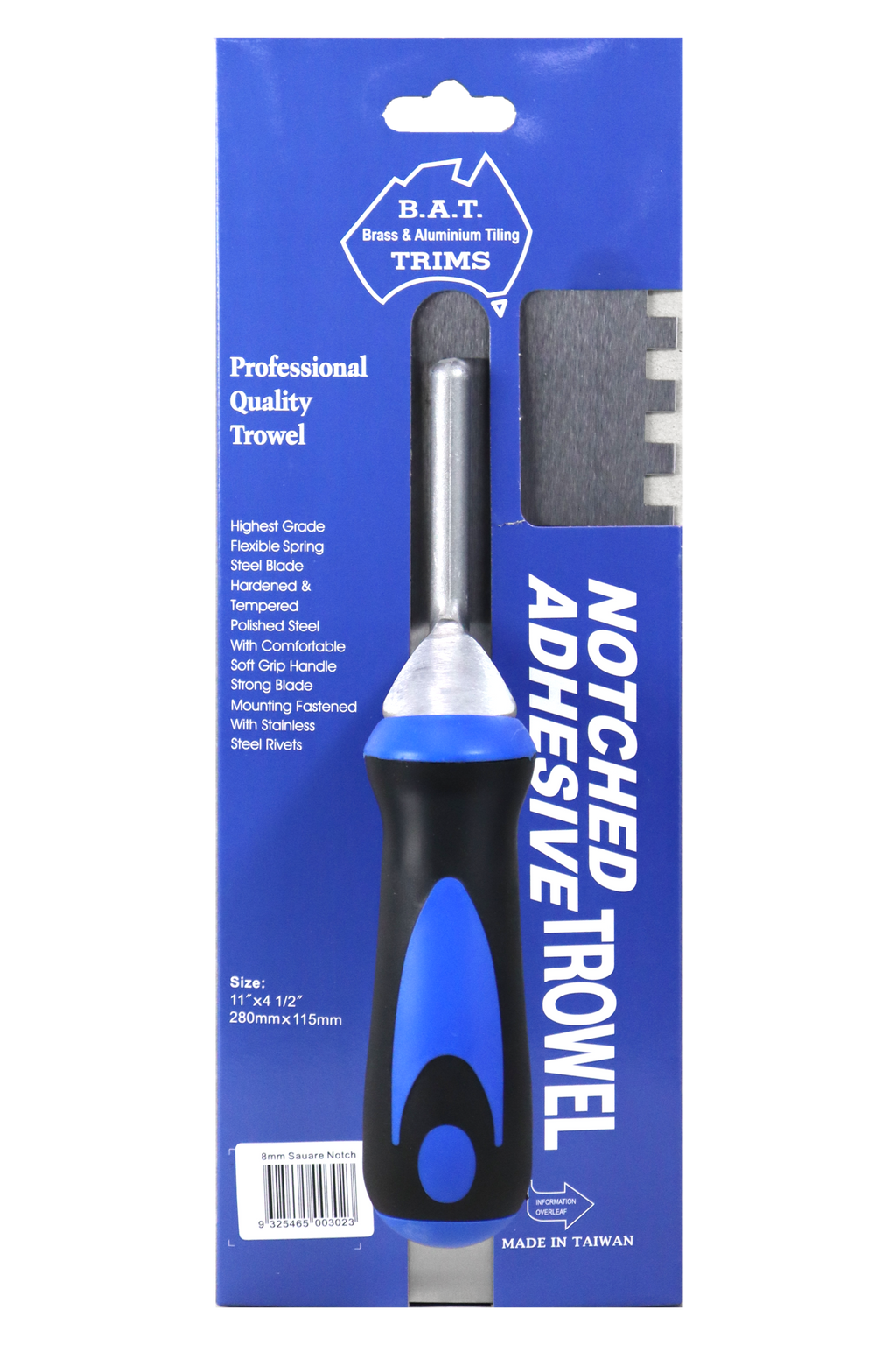 BAT Professional Stainless Steel Square Notch Trowel - Soft Grip