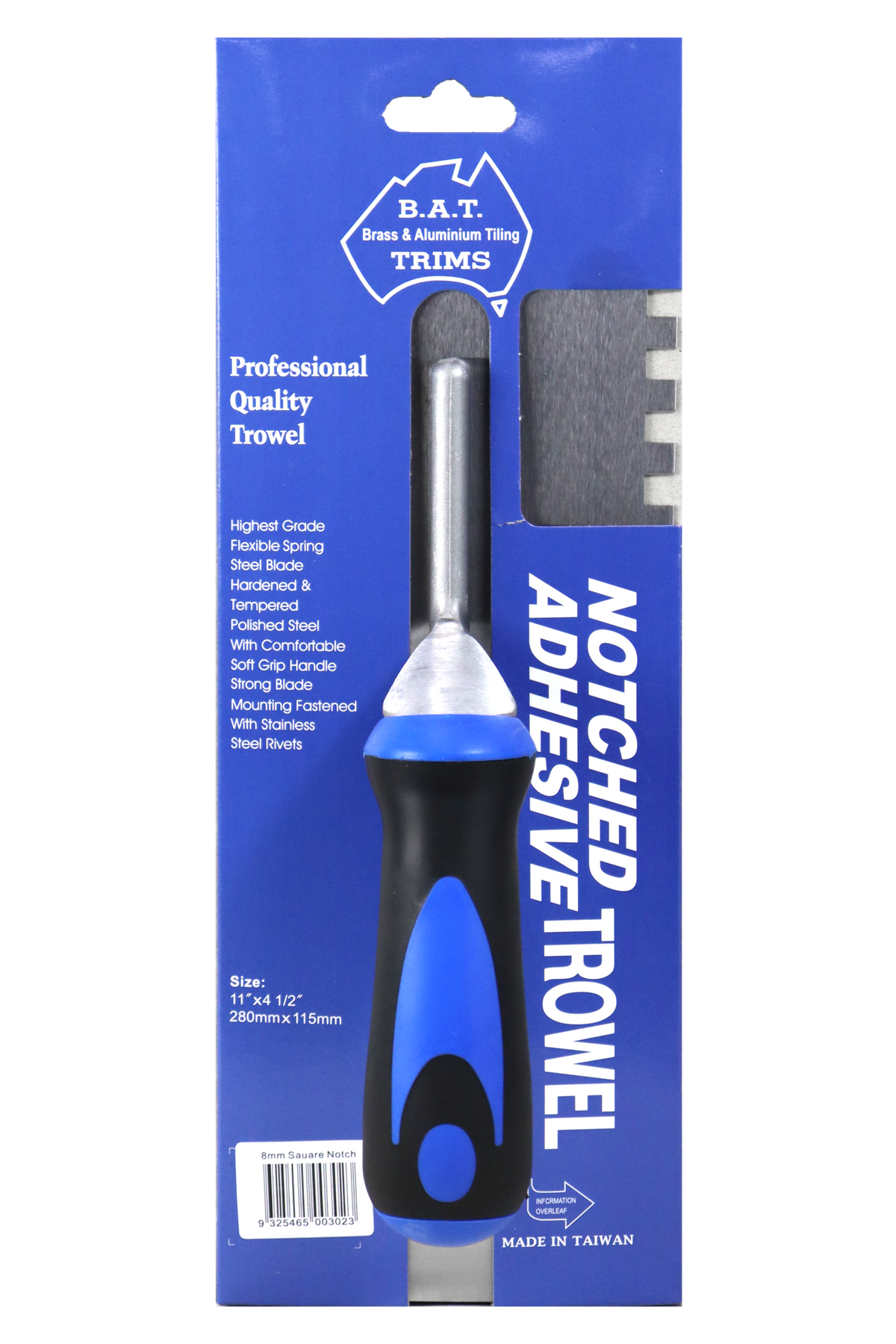 BAT Professional Stainless Steel Square Notch Trowel - Soft Grip