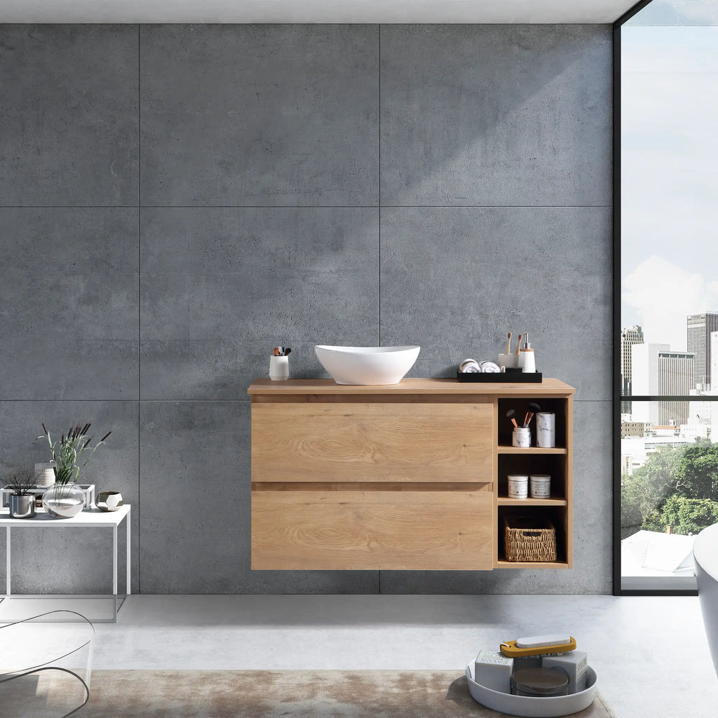 MELA CLARK 1200 Wall Hung Vanity with 2 Drawers & Open Shelves in Snafell, view 2