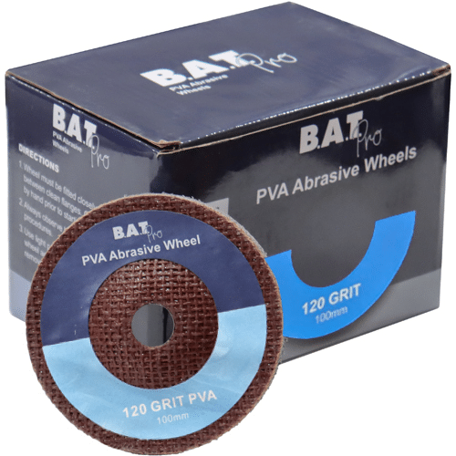 BAT Pro PVA abrasive wheels 120 grit, box and wheel