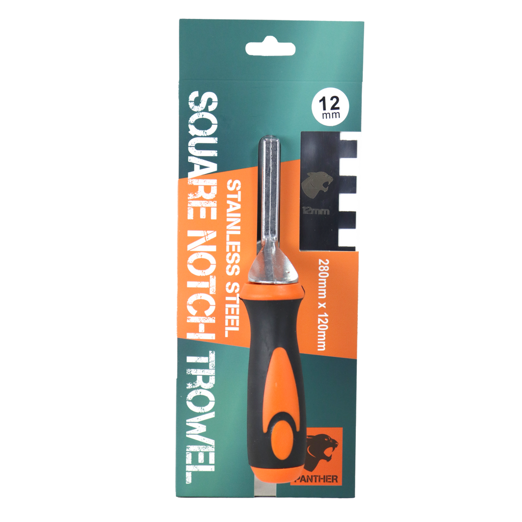 Panther stainless steel square notch trowel 280 x 120 mm, 12 mm notch
