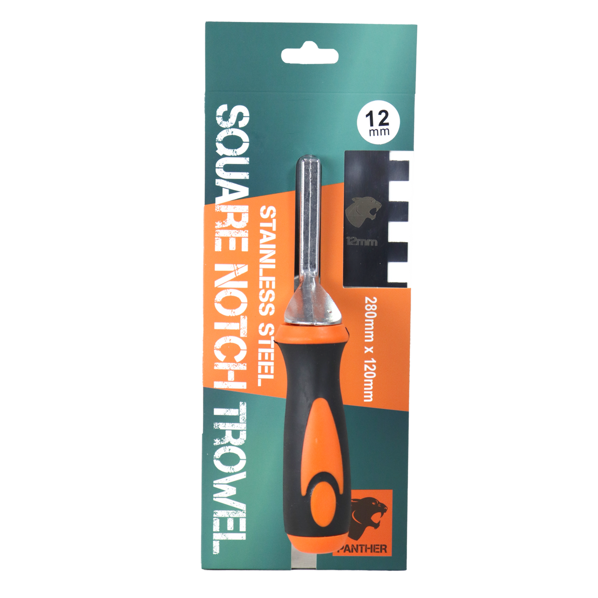 Panther stainless steel square notch trowel 280 x 120 mm, 12 mm notch