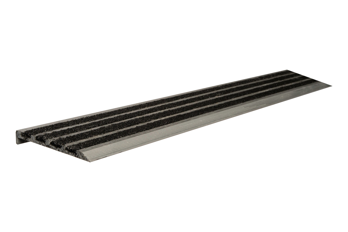 Aluminium Stair Trim with 4 Black Carborundum Strip Inserts (Mill Finish) – 75mm x 10mm x 2.5m