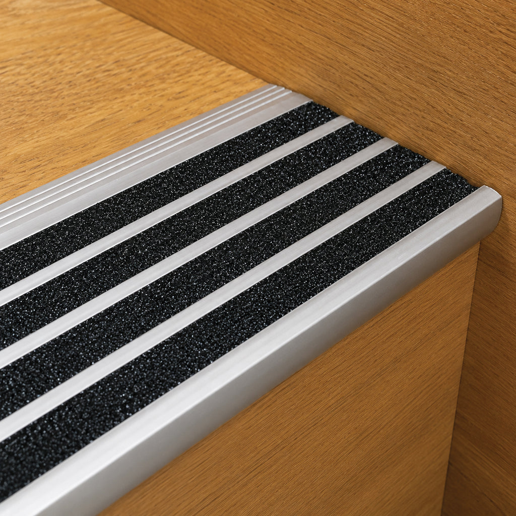 Aluminium Stair Trim with 4 Black Carborundum Strip Inserts (Mill Finish) – 75mm x 10mm x 2.5m – product image 2
