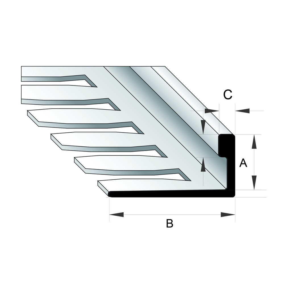 BAT Trims Notched Aluminium Tiling Angle profile drawing with dimensions