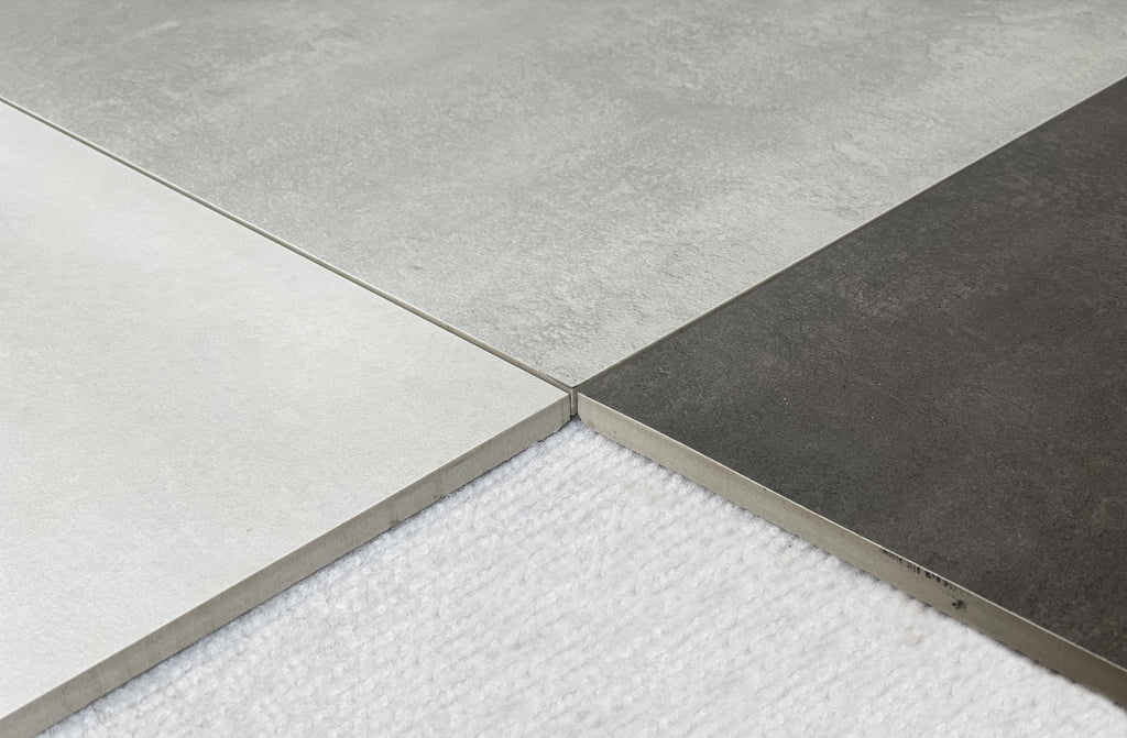 Cement White, Grey and Dark Grey porcelain tiles together