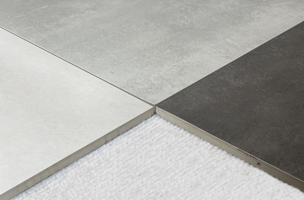 Cement White, Grey and Dark Grey porcelain tiles together