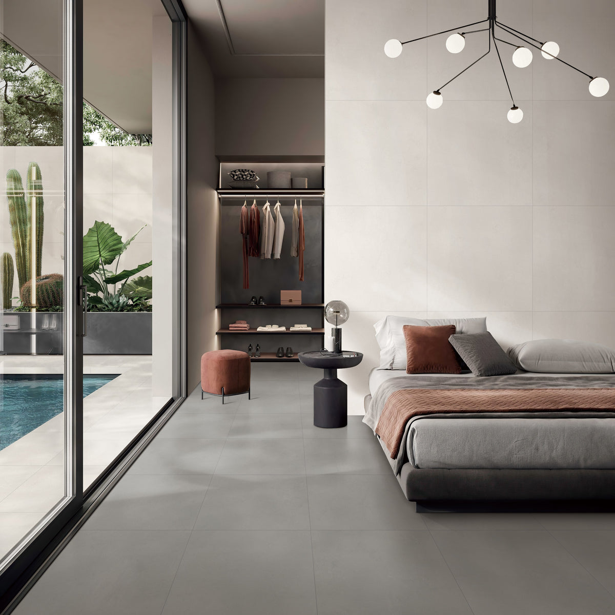 Cement White porcelain tile in a bedroom