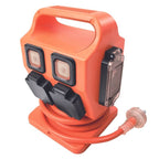 Click heavy duty 4 outlet powerblock with RCBO, orange, angled view showing flip-up outlet covers, switches and side safety switch