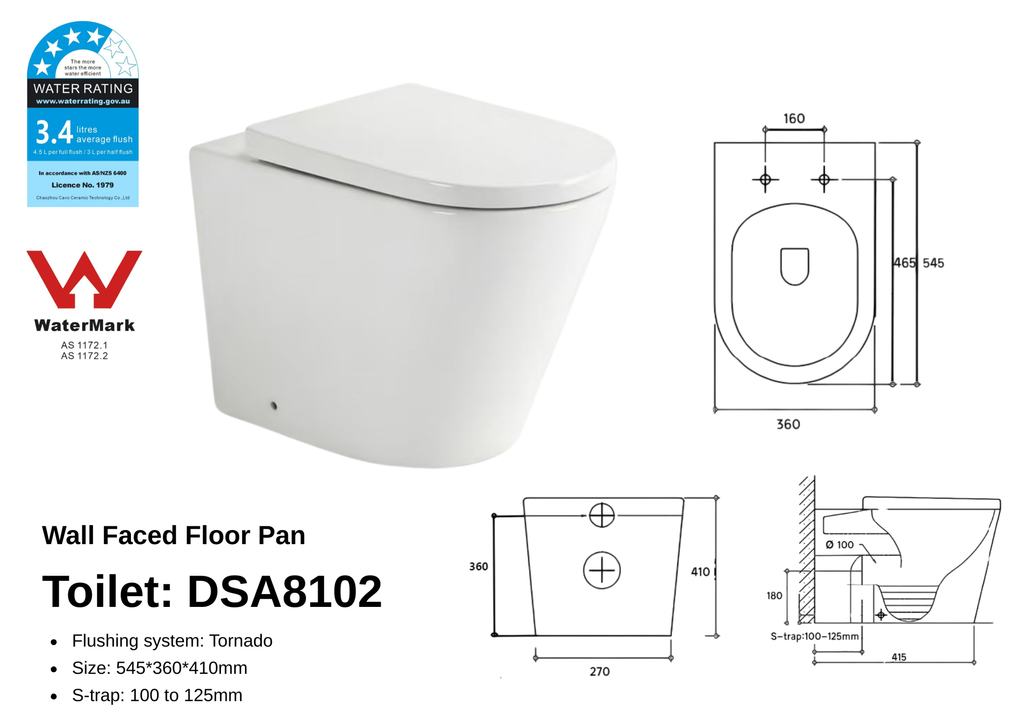 Caleb Aria Wall Faced Toilet dimensions