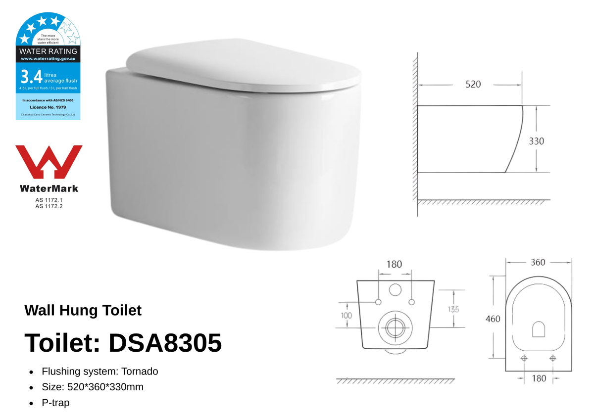 Caleb Vero Wall Hung Toilet dimensions and in-wall frame