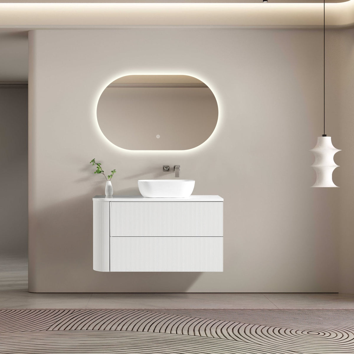 MELA BRITTANY 1050 Fluted One Side Curved Wall Hung Vanity with 2 Drawers in Matt White, view 2