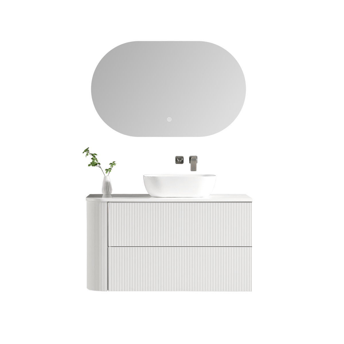 MELA BRITTANY 1050 Fluted One Side Curved Wall Hung Vanity with 2 Drawers in Matt White