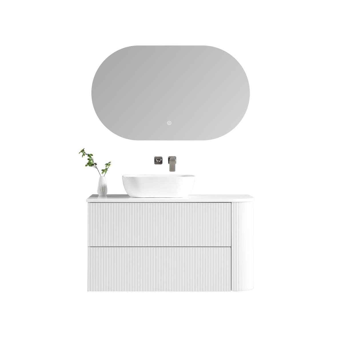 MELA BRITTANY 1050 Fluted One Side Curved Wall Hung Vanity with 2 Drawers in Matt White, view 3