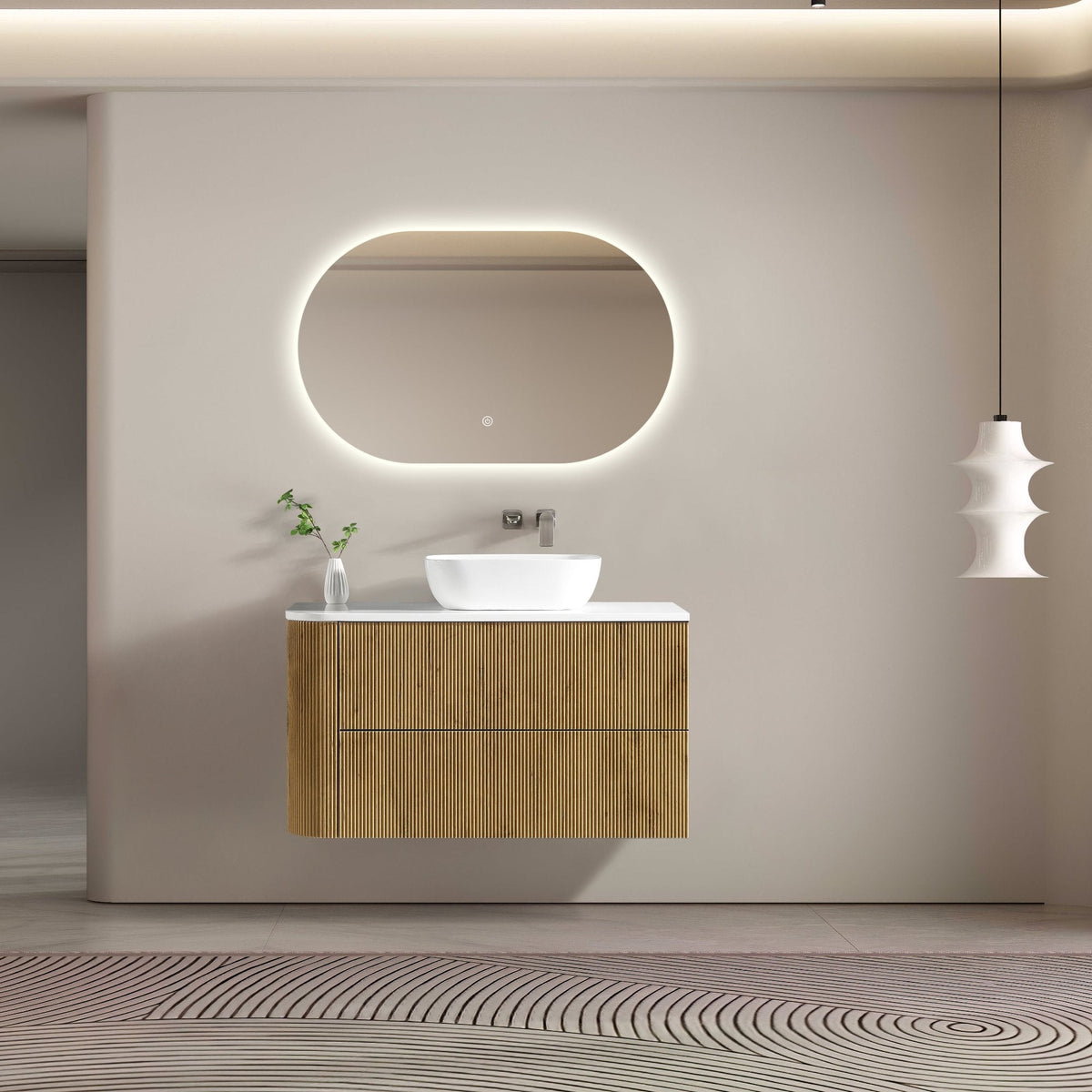 MELA BRITTANY 1050 Fluted One Side Curved Wall Hung Vanity with 2 Drawers in Oak, view 2