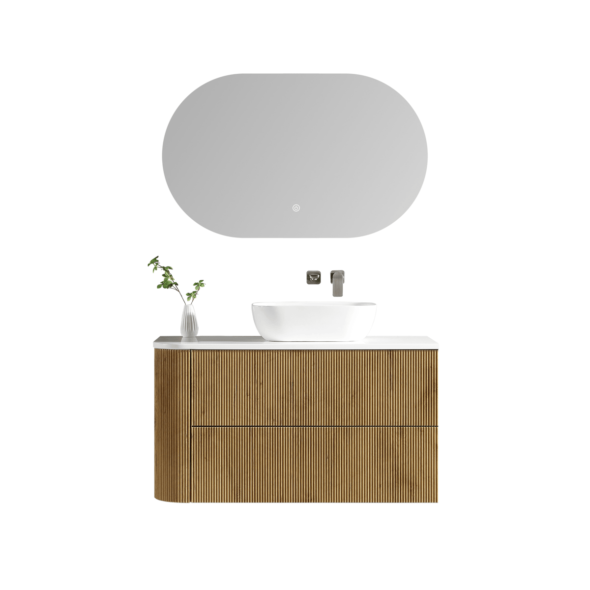 MELA BRITTANY 1050 Fluted One Side Curved Wall Hung Vanity with 2 Drawers in Oak