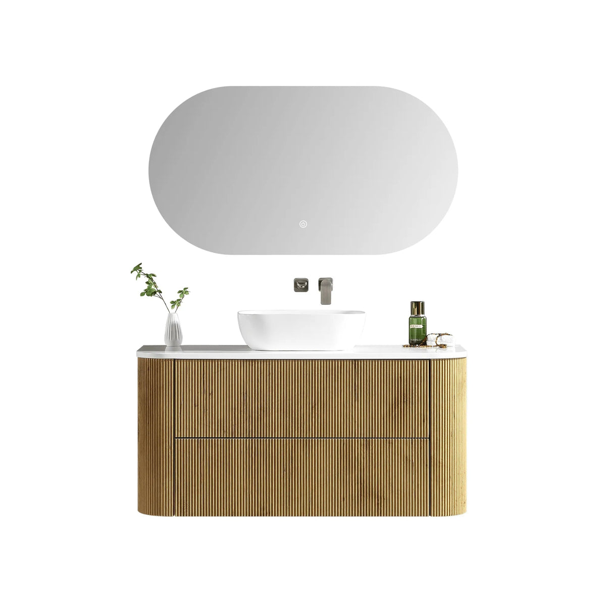 MELA BRITTANY 1200 Oak Fluted Curved Wall Hung Vanity with 2 Drawers