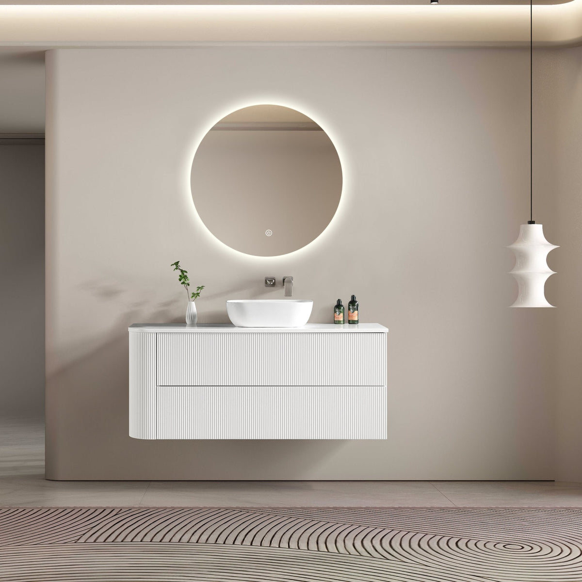 MELA BRITTANY 1350 Fluted One Side Curved Wall Hung Vanity with 2 Drawers in Matt White, view 2