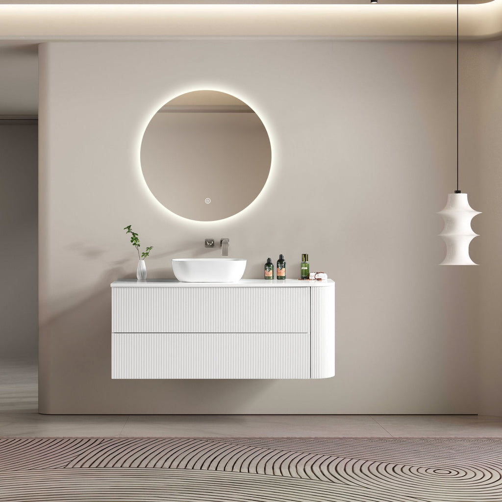MELA BRITTANY 1350 Fluted One Side Curved Wall Hung Vanity with 2 Drawers in Matt White, view 4
