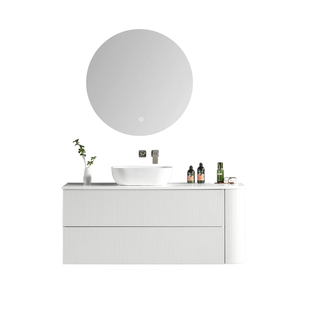 MELA BRITTANY 1350 Fluted One Side Curved Wall Hung Vanity with 2 Drawers in Matt White, view 3