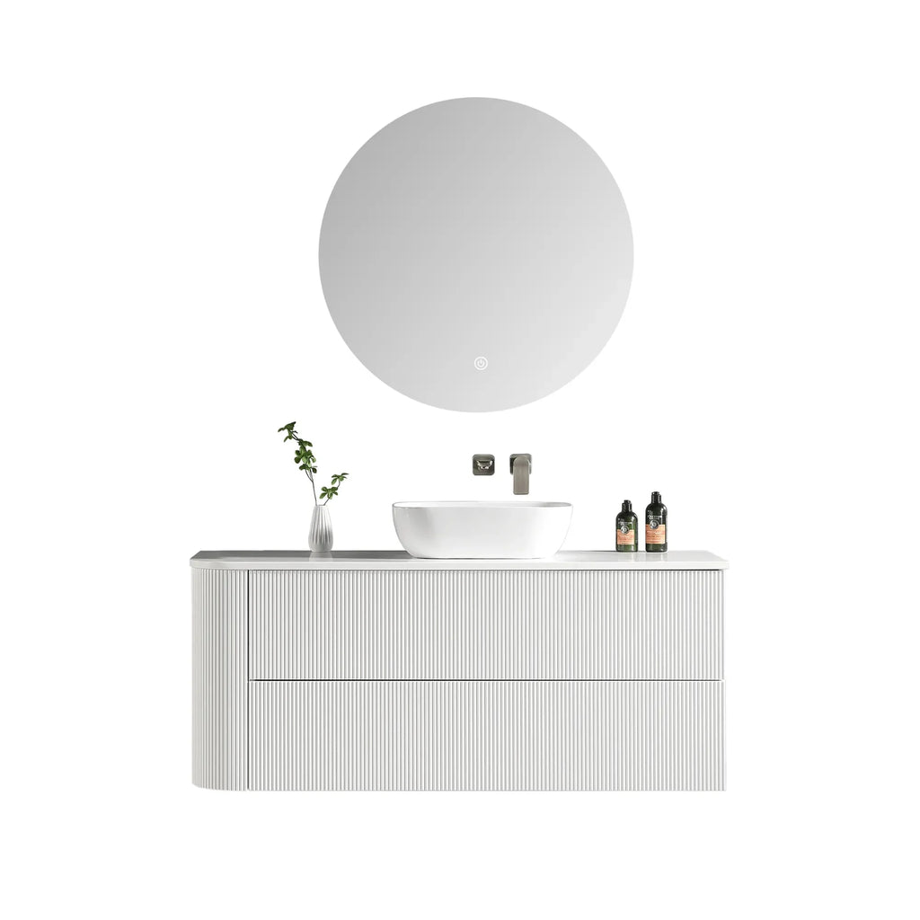 MELA BRITTANY 1350 Fluted One Side Curved Wall Hung Vanity with 2 Drawers in Matt White
