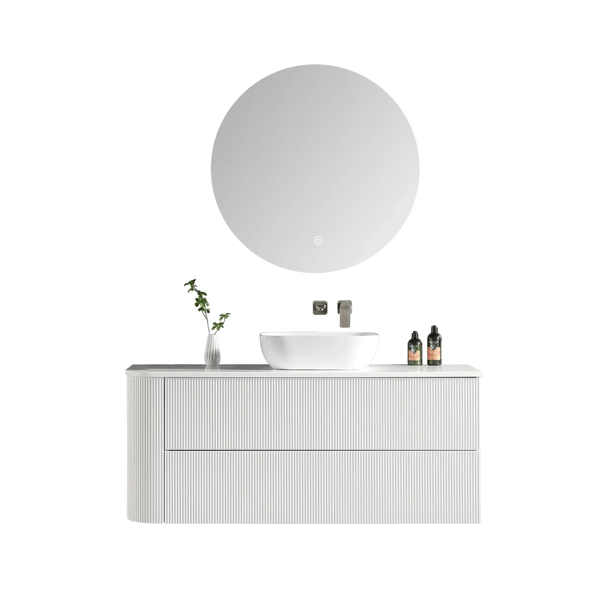 MELA BRITTANY 1350 Fluted One Side Curved Wall Hung Vanity with 2 Drawers in Matt White