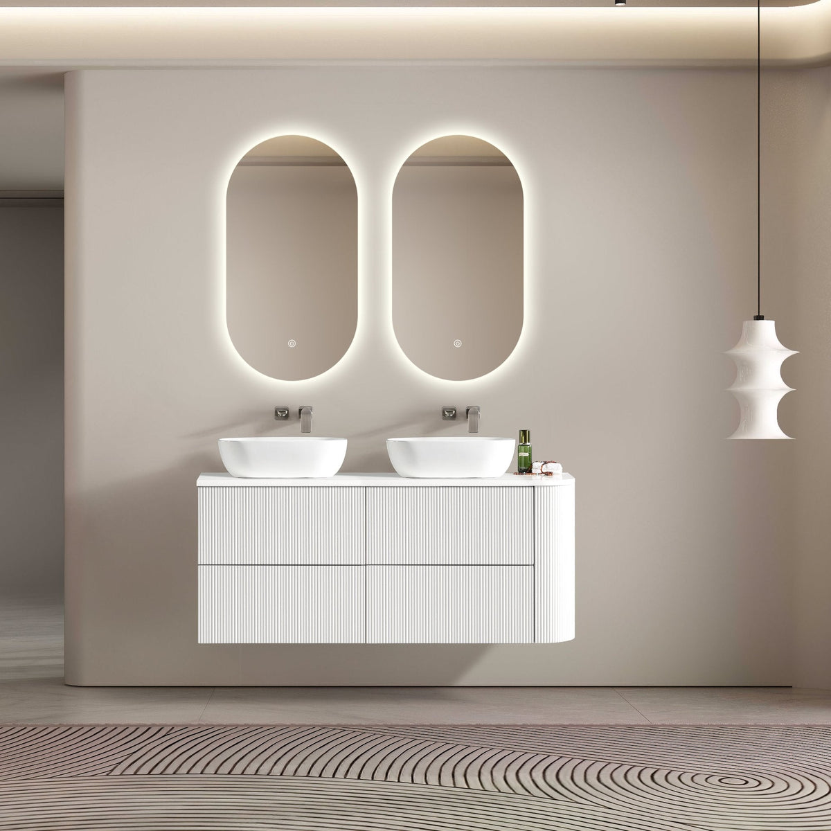 MELA BRITTANY 1350 Fluted One Side Curved Wall Hung Vanity with 4 Drawers in Matt White, view 4