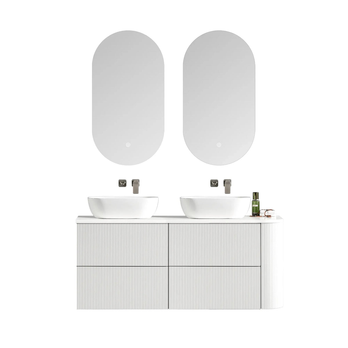 MELA BRITTANY 1350 Fluted One Side Curved Wall Hung Vanity with 4 Drawers in Matt White, view 3