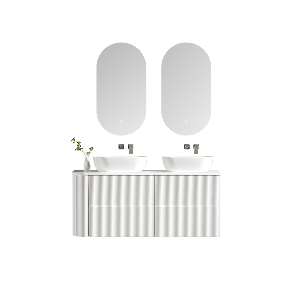 MELA BRITTANY 1350 Fluted One Side Curved Wall Hung Vanity with 4 Drawers in Matt White