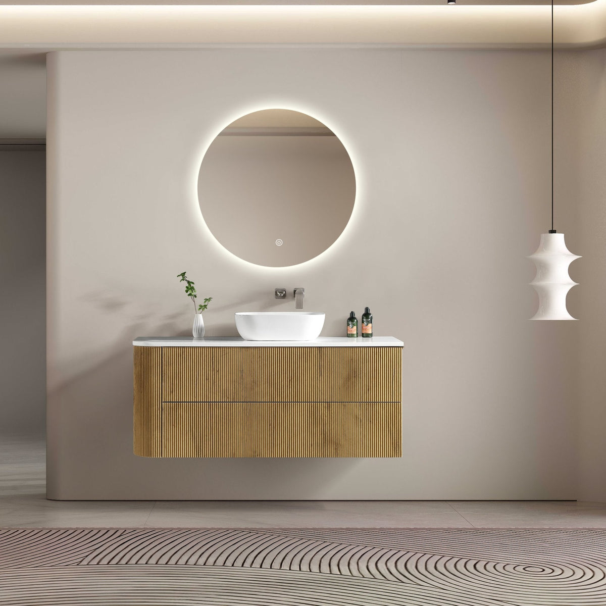 MELA BRITTANY 1350 Fluted One Side Curved Wall Hung Vanity with 2 Drawers in Oak, view 2