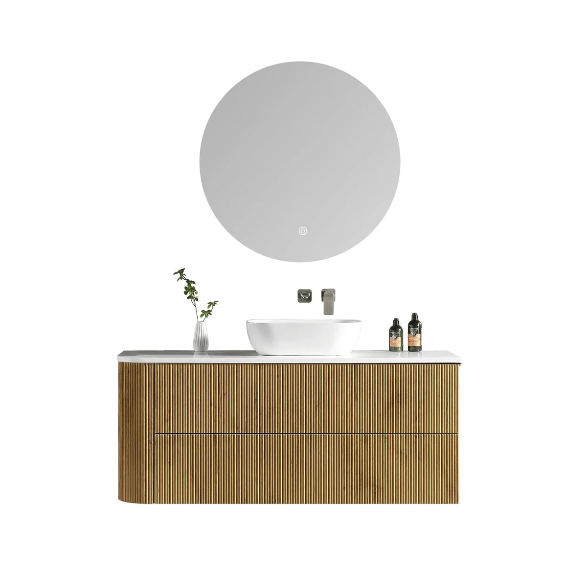 MELA BRITTANY 1350 Fluted One Side Curved Wall Hung Vanity with 2 Drawers in Oak