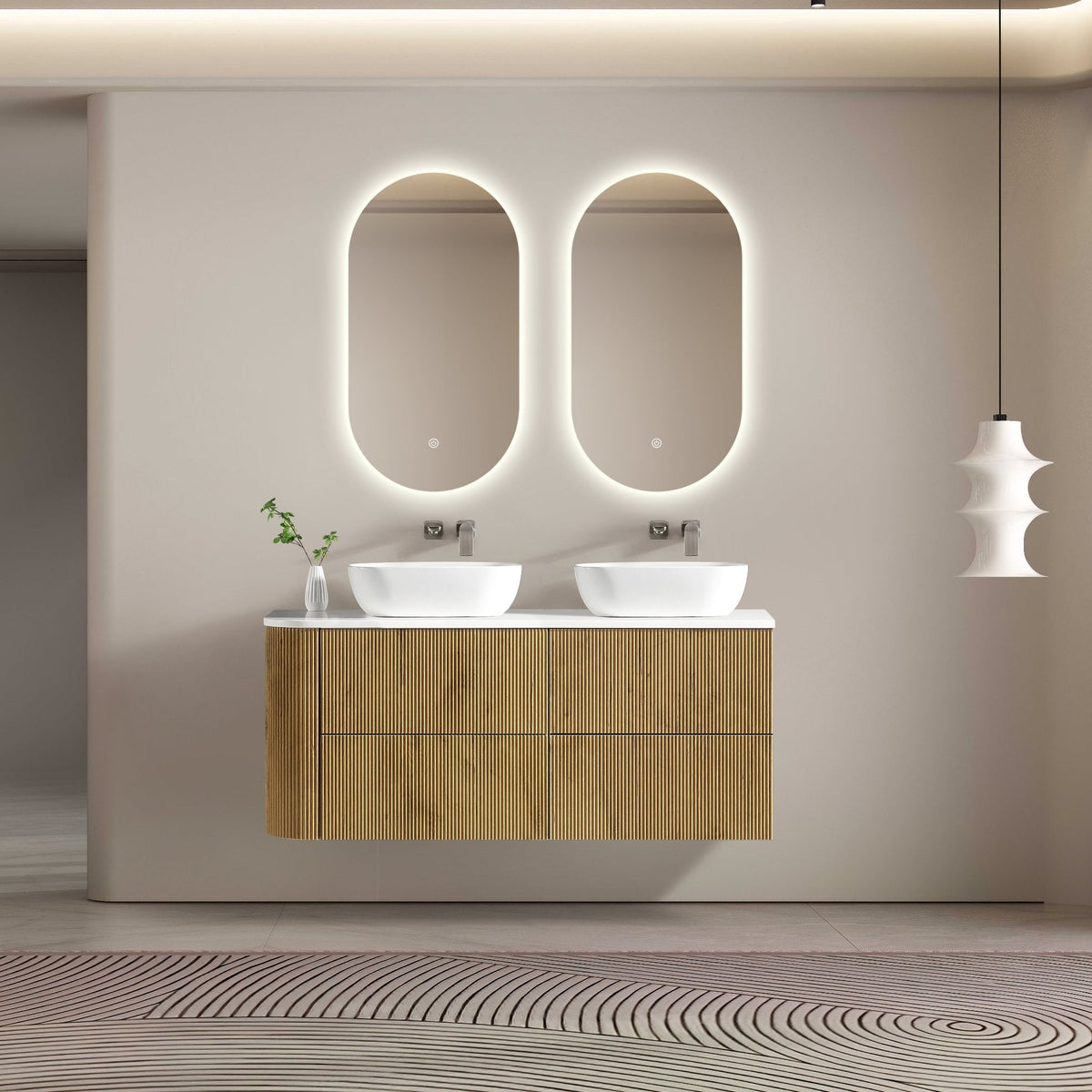 MELA BRITTANY 1350 Fluted One Side Curved Wall Hung Vanity with 4 Drawers in Oak, view 2