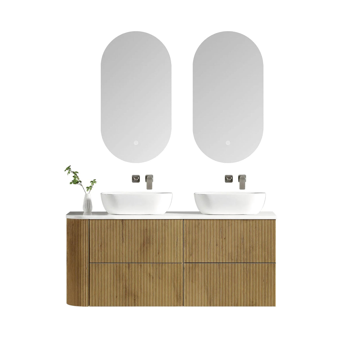 MELA BRITTANY 1350 Fluted One Side Curved Wall Hung Vanity with 4 Drawers in Oak