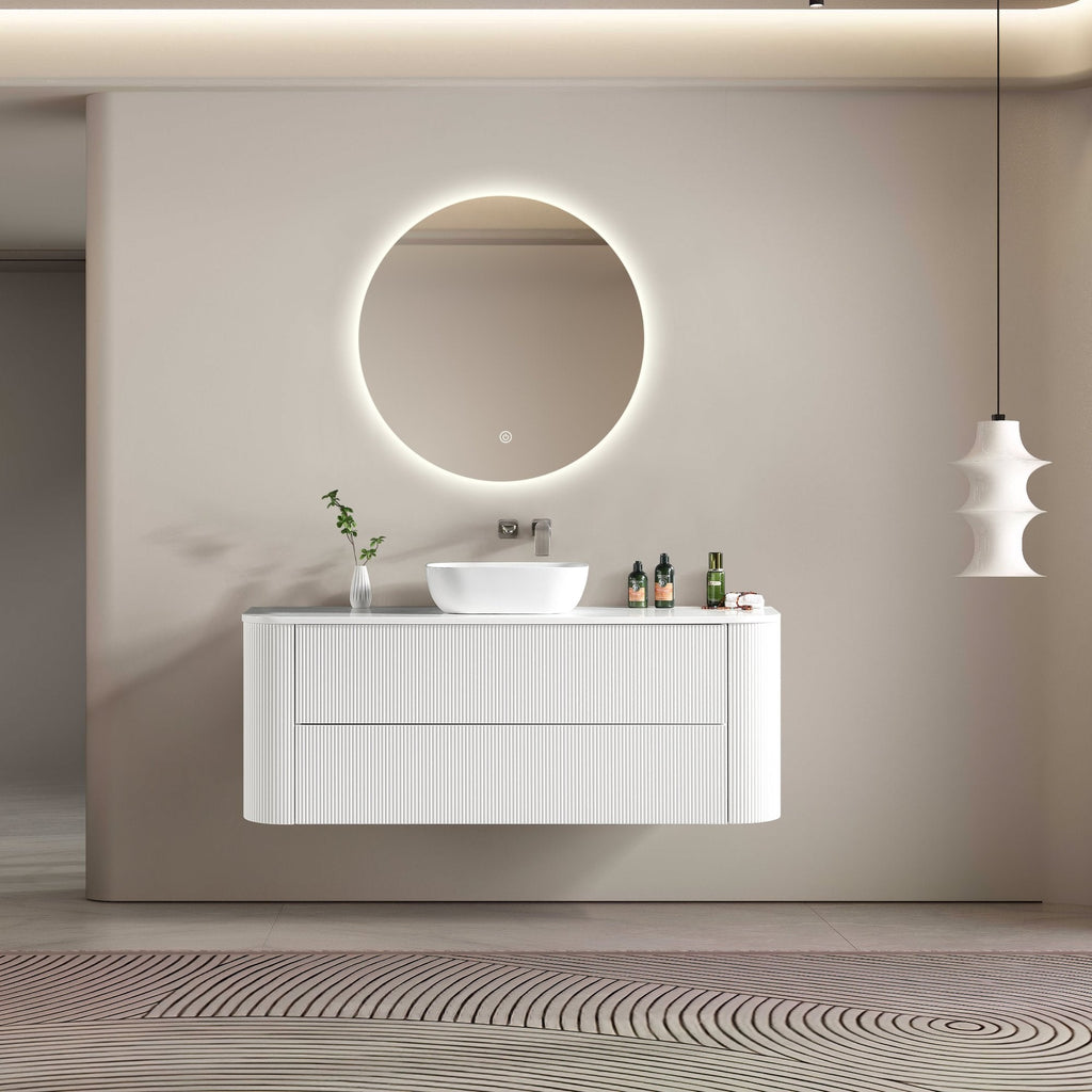 MELA BRITTANY 1500 Fluted Curved Wall Hung Vanity with 2 Drawers in Matt White, view 2