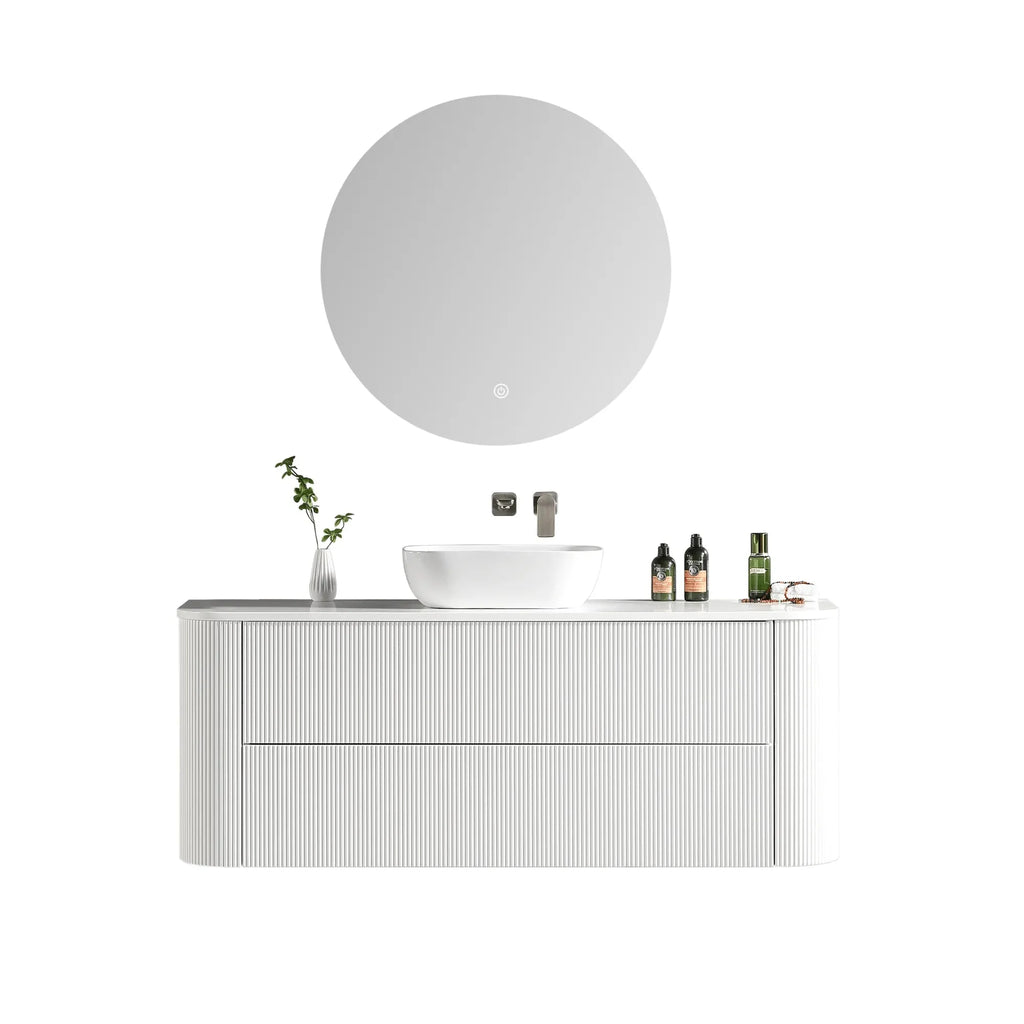 MELA BRITTANY 1500 Fluted Curved Wall Hung Vanity with 2 Drawers in Matt White