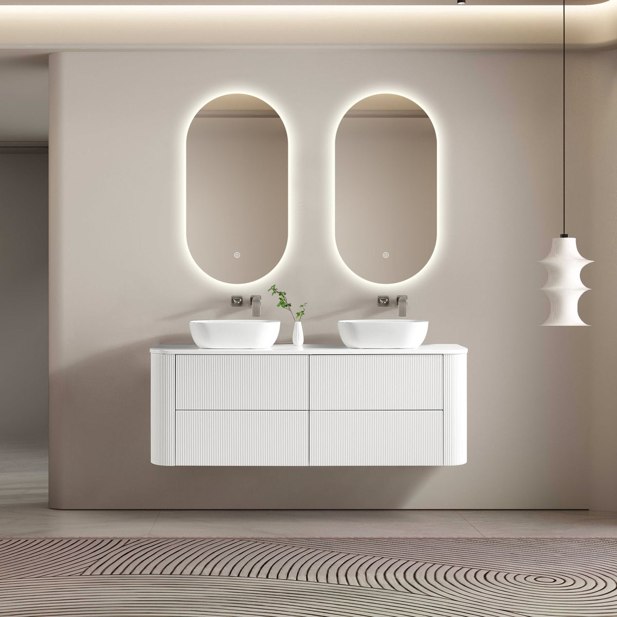MELA BRITTANY 1500 Fluted Curved Wall Hung Vanity with 4 Drawers in Matt White, view 2