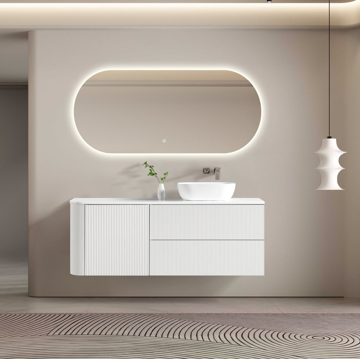 MELA BRITTANY 1500 Fluted One Side Curved Wall Hung Vanity with Door & 2 Drawers in Matt White, view 2