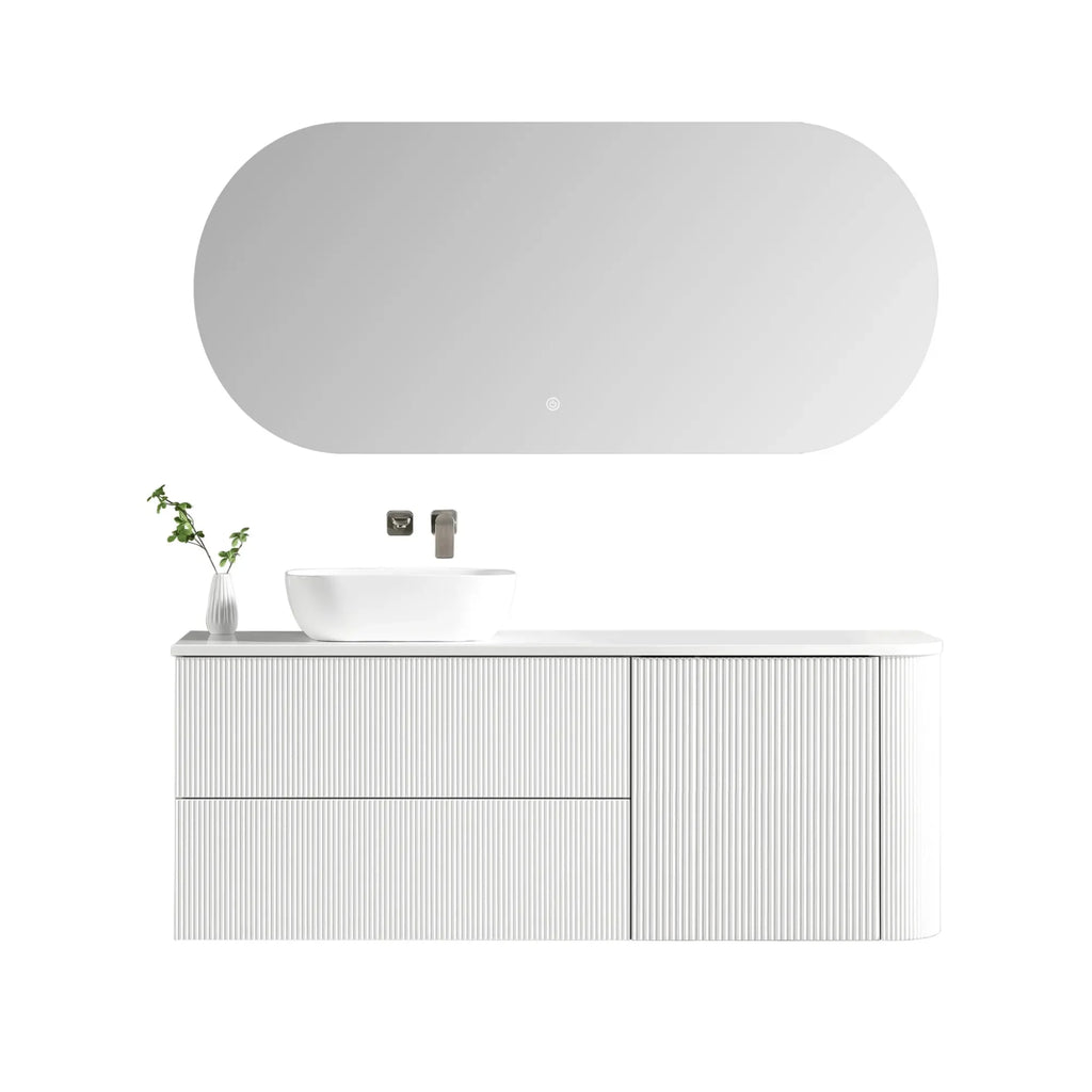 MELA BRITTANY 1500 Fluted One Side Curved Wall Hung Vanity with Door & 2 Drawers in Matt White, view 3